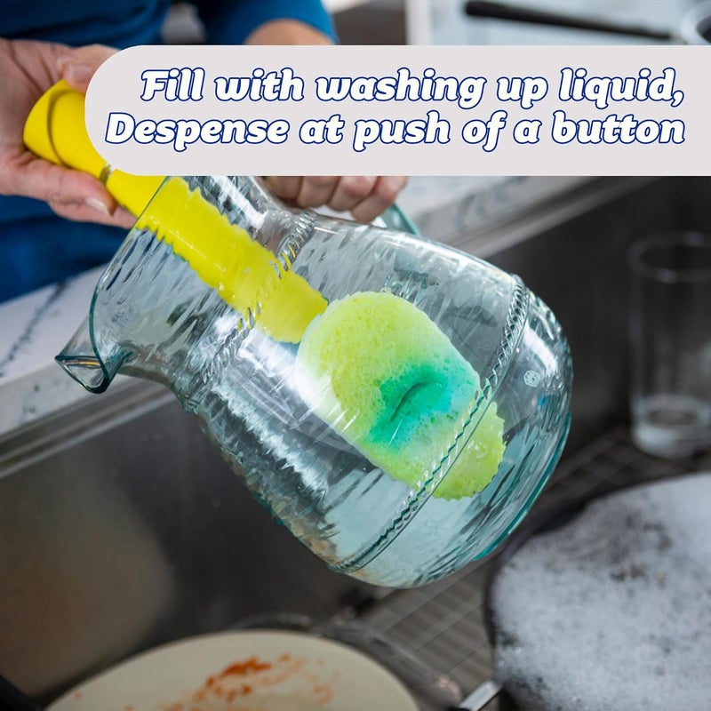 Scrub Daddy عصا ديس دادى، رؤوس إعادة تعبئة، إسفنجة ورأس موصل، فرشاة غسل الصحون مع موزع صابون، إسفنجة غسل ذات تغيير في الملمس مع مقبض سائل، كاشط مدمج ورأس فرك - أصفر - Image 2
